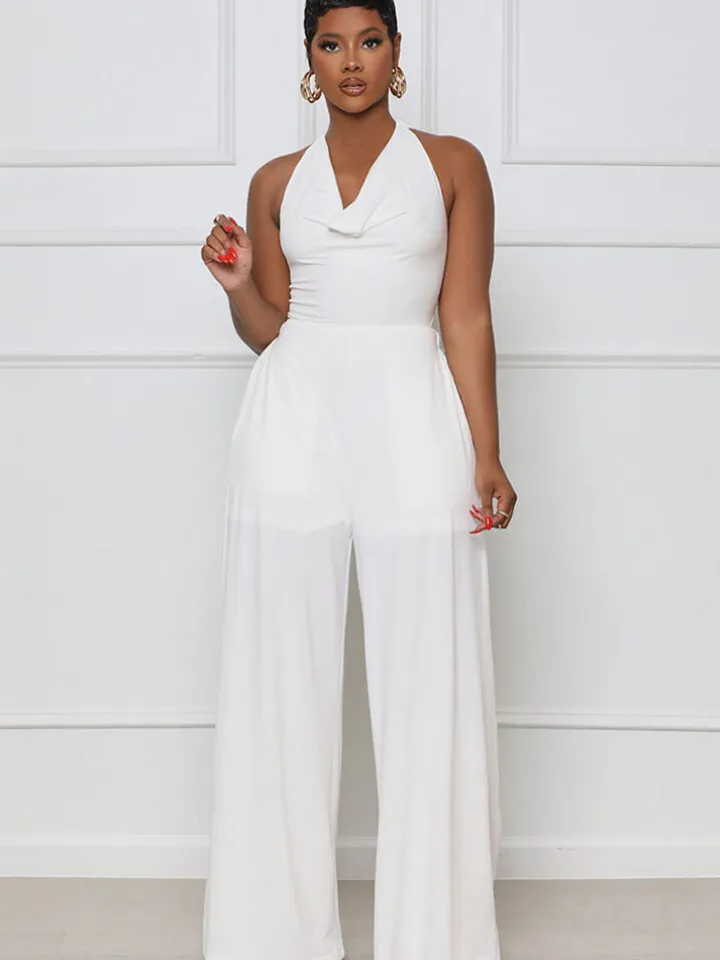 Halter Neck Backless Lace Up Wide Leg Jumpsuit