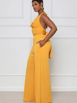 Halter Neck Backless Lace Up Wide Leg Jumpsuit