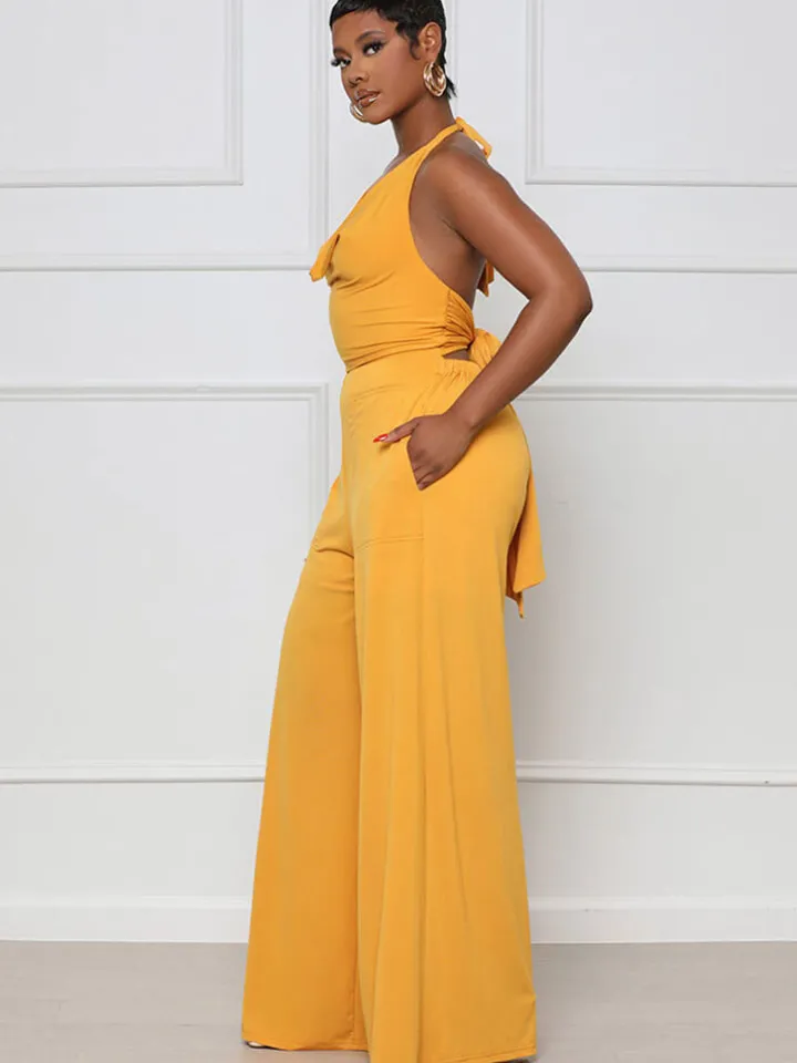 Halter Neck Backless Lace Up Wide Leg Jumpsuit