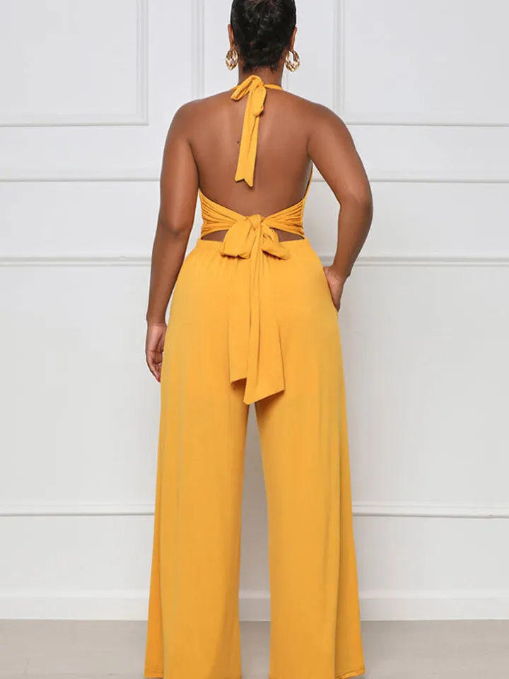 Halter Neck Backless Lace Up Wide Leg Jumpsuit
