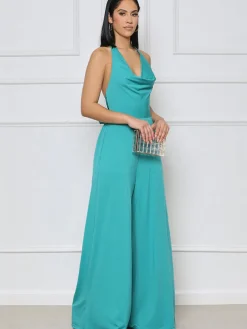 Halter Neck Backless Lace Up Wide Leg Jumpsuit