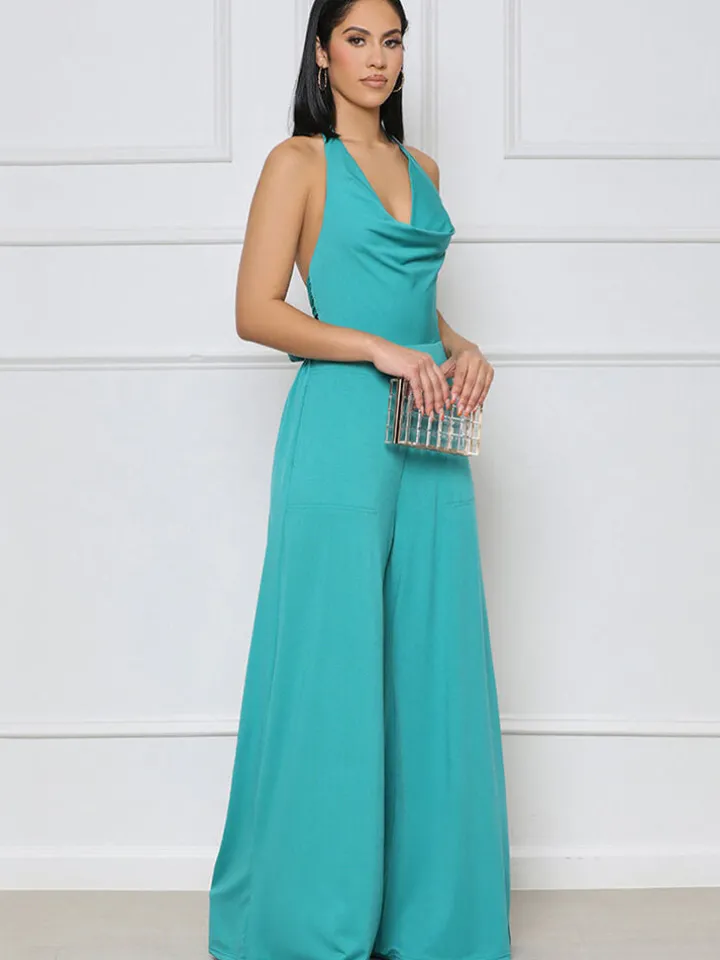 Halter Neck Backless Lace Up Wide Leg Jumpsuit