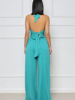Halter Neck Backless Lace Up Wide Leg Jumpsuit