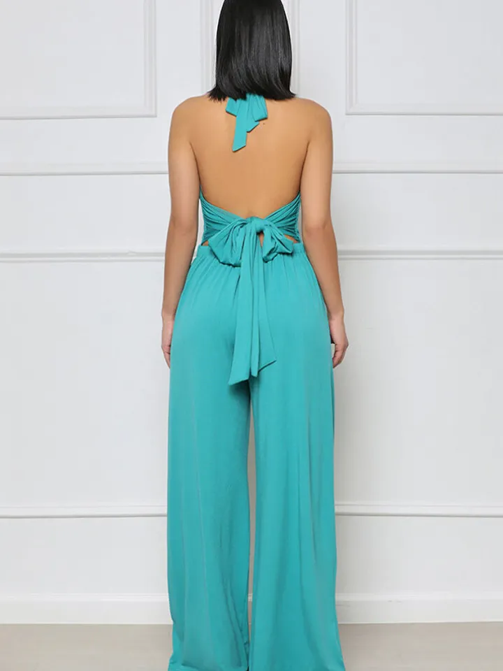Halter Neck Backless Lace Up Wide Leg Jumpsuit
