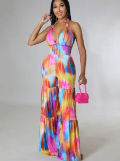 Halter Neck Backless Tie Dye Wide Leg Jumpsuit