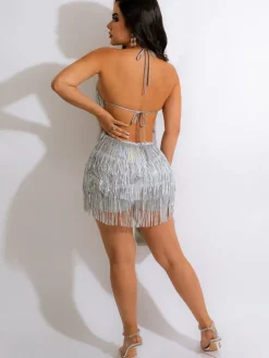 Halter Neck Sleeveless Sequin Tassel Romper