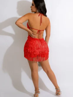 Halter Neck Sleeveless Sequin Tassel Romper