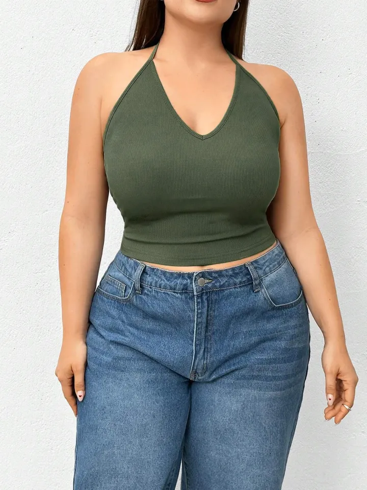 Halter Neck Solid Color Knit Tank Top