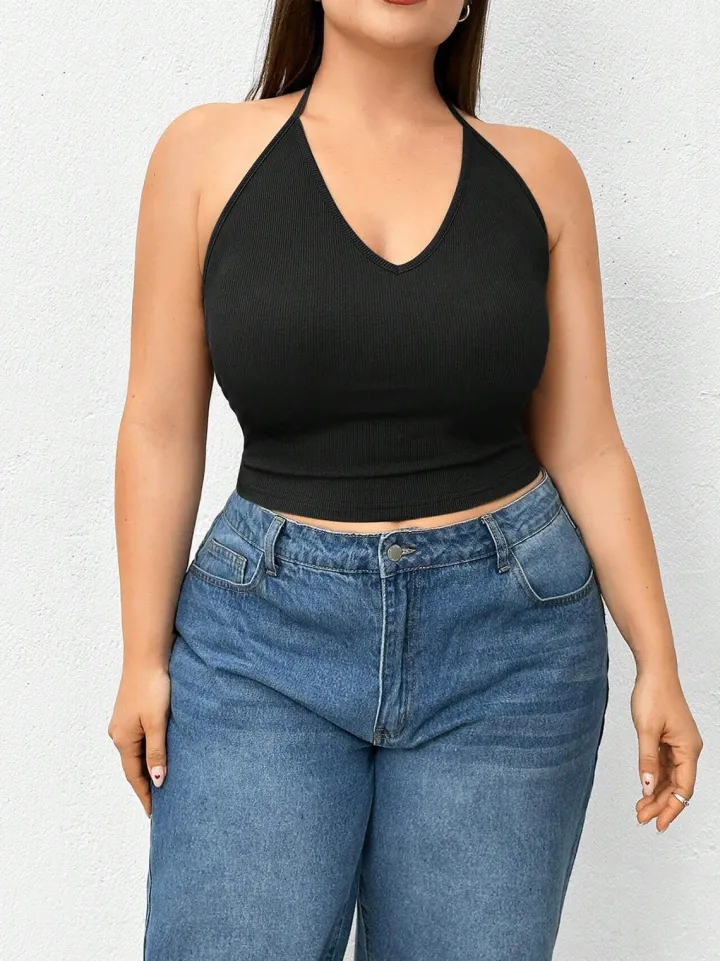 Halter Neck Solid Color Knit Tank Top