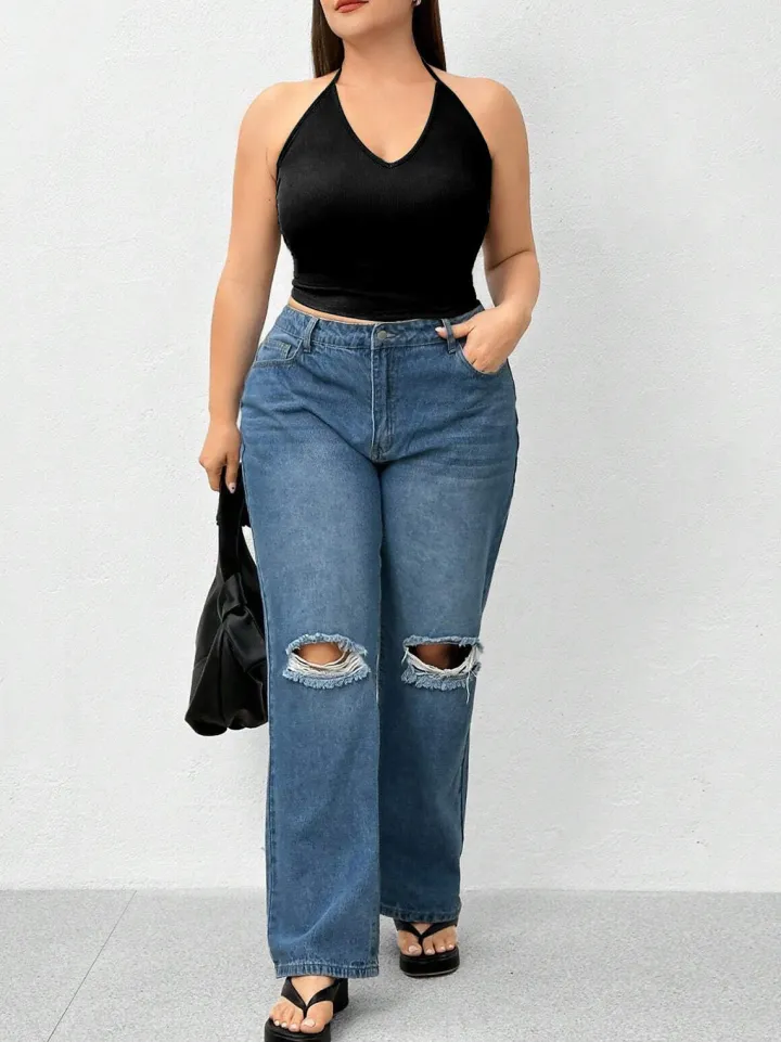 Halter Neck Solid Color Knit Tank Top