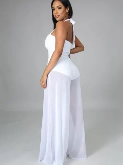 Halter Neck Strap Sheer Mesh Wide Leg Jumpsuit