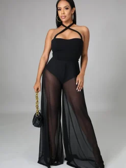 Halter Neck Strap Sheer Mesh Wide Leg Jumpsuit