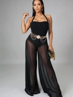 Halter Neck Strap Sheer Mesh Wide Leg Jumpsuit
