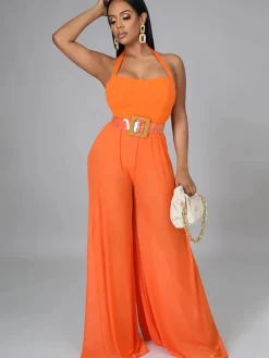Halter Neck Strap Sheer Mesh Wide Leg Jumpsuit