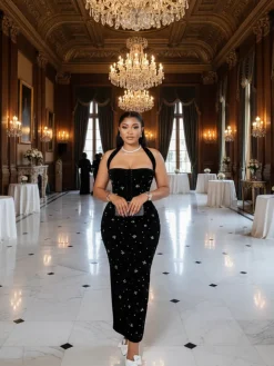 Halter Rhinestone Bead Maxi Dress