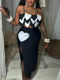 Heart Design Cami Top High Slit Skirt Set