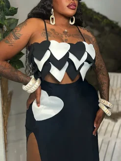 Heart Design Cami Top High Slit Skirt Set