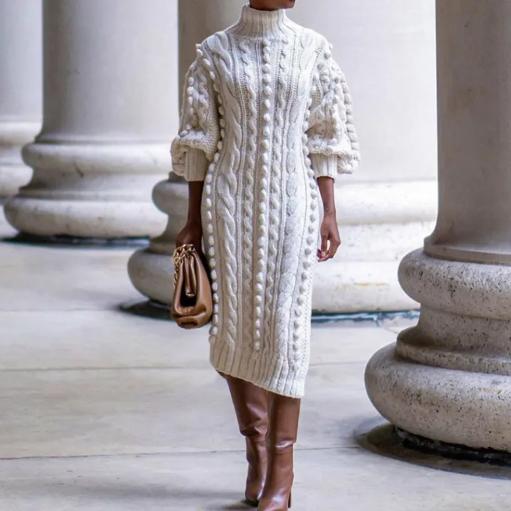 High Collar Slit knit Midi Dress