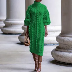 High Collar Slit knit Midi Dress