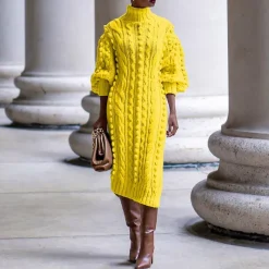 High Collar Slit knit Midi Dress