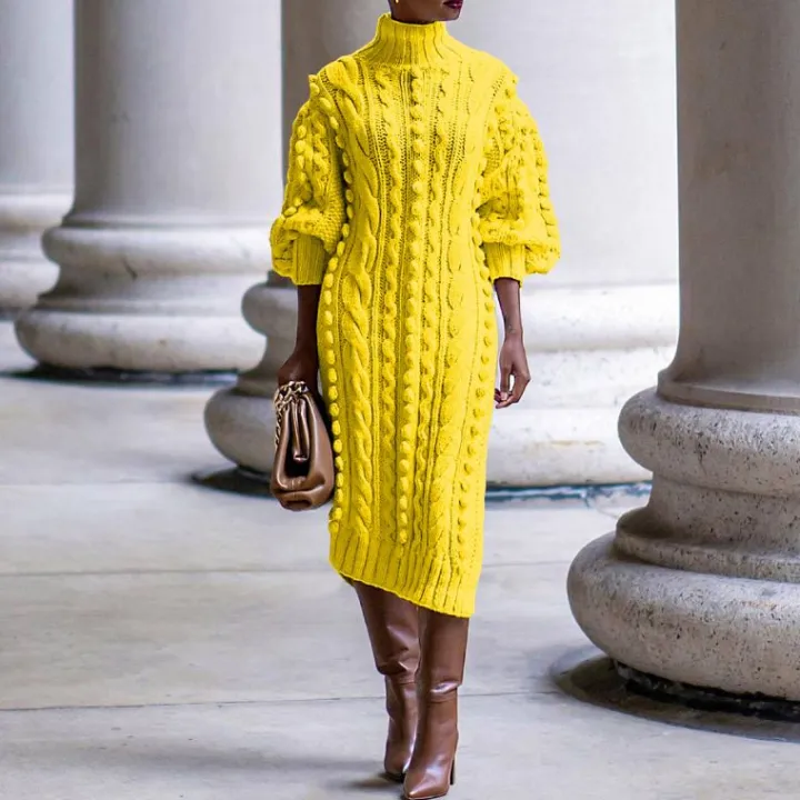 High Collar Slit knit Midi Dress