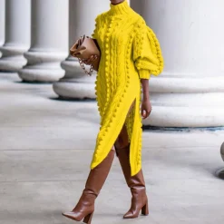 High Collar Slit knit Midi Dress