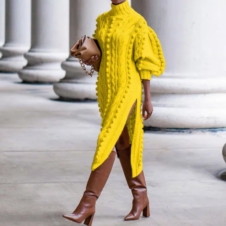 High Collar Slit knit Midi Dress