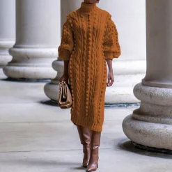 High Collar Slit knit Midi Dress