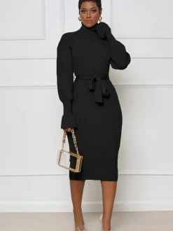 High Neck Long Sleeve Solid Midi Dreses