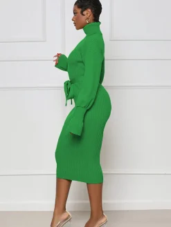 High Neck Long Sleeve Solid Midi Dreses
