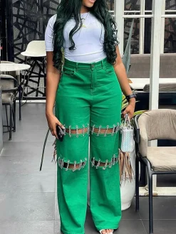 High Waist Distressed Chain Denim Pants