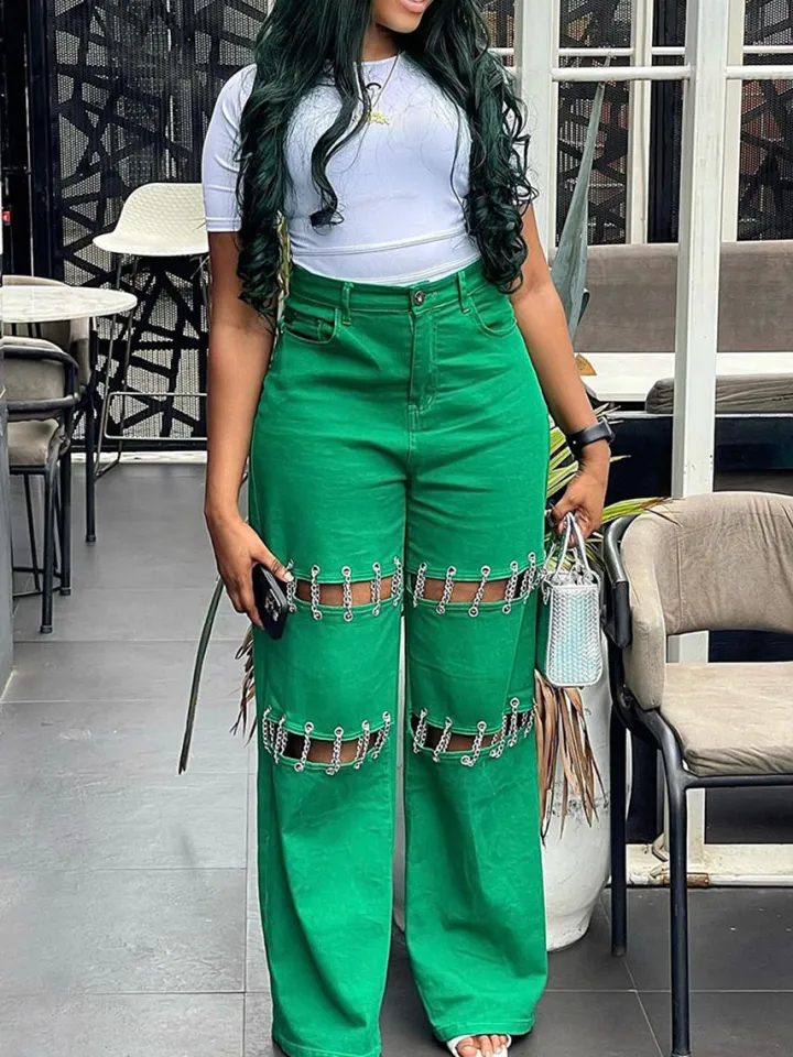 High Waist Distressed Chain Denim Pants