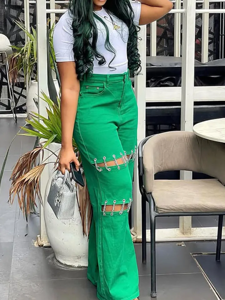 High Waist Distressed Chain Denim Pants