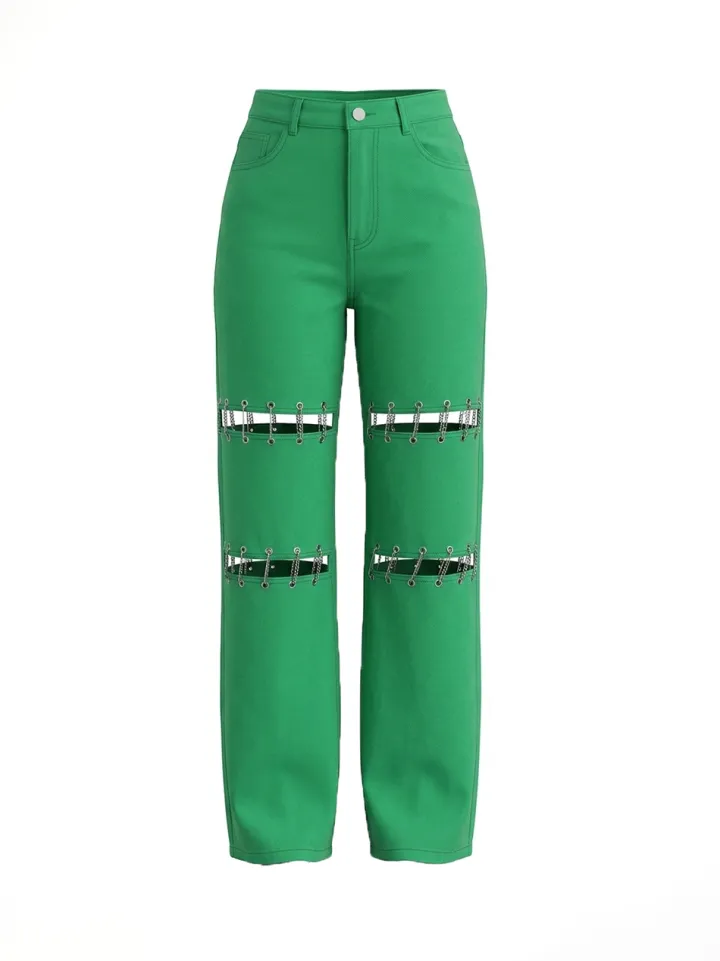 High Waist Distressed Chain Denim Pants