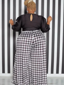 High Waist Houndstooth Print Floor Length Wide Leg Bottoms