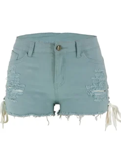 High Waist Ripped Lace Up Tassel Shorts