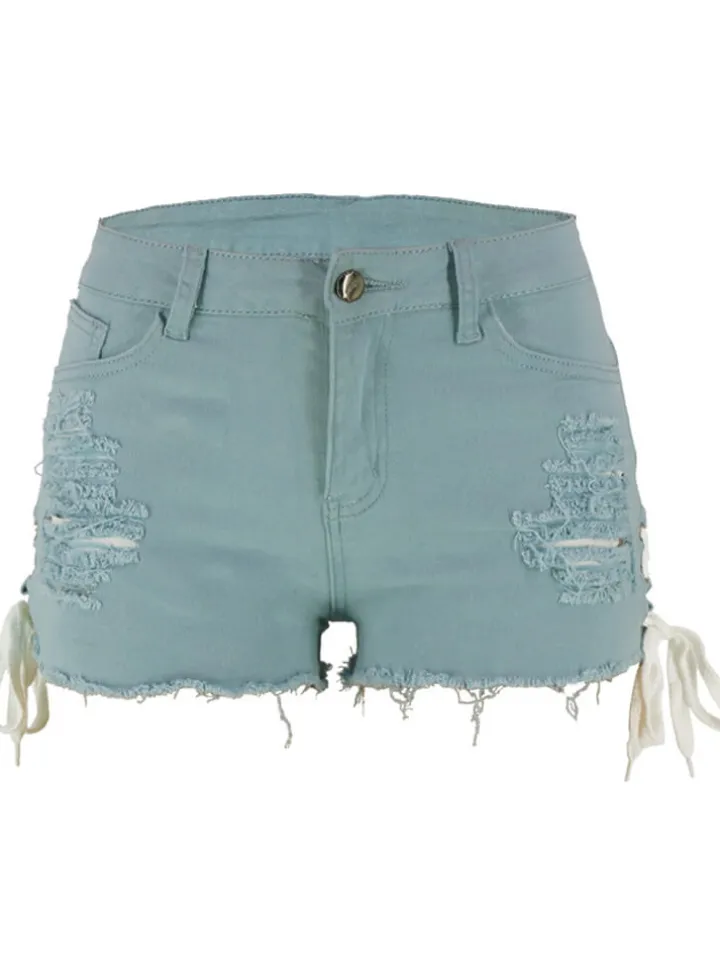 High Waist Ripped Lace Up Tassel Shorts