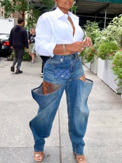 Hole Distressed Elastic Denim Jeans