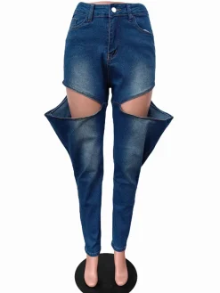 Hole Distressed Elastic Denim Jeans