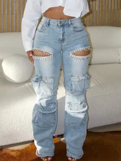 Hollow Rhinestone Multiple Pockets Denim Jeans