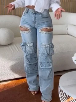 Hollow Rhinestone Multiple Pockets Denim Jeans