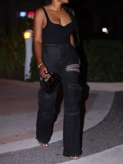 Hollow Rhinestone Multiple Pockets Denim Jeans