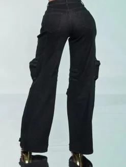 Hollow Rhinestone Multiple Pockets Denim Jeans