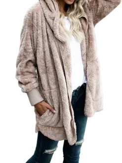 Hooded Cardigan Fluffy Fleece Coat Open Front Jacket