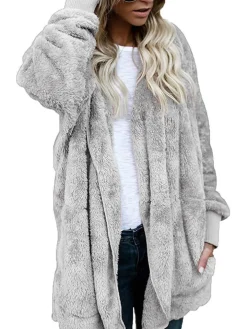 Hooded Cardigan Fluffy Fleece Coat Open Front Jacket