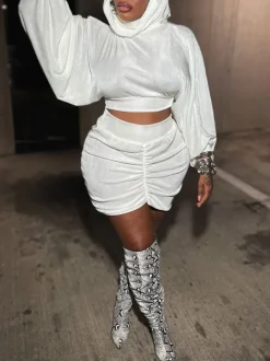 Hooded Crop Top Ruched Skirt Set