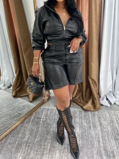 Hooded PU Leather Jacket Shorts Set
