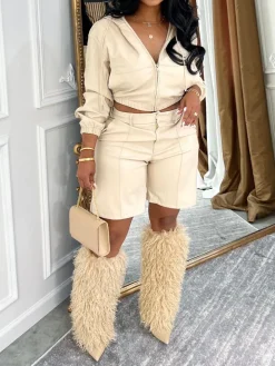 Hooded PU Leather Jacket Shorts Set