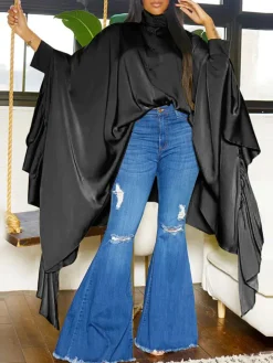 Irregular Loose Batwing Sleeve Silky Button-Up Blouse