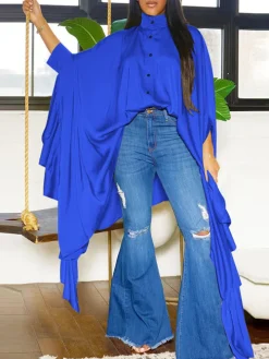 Irregular Loose Batwing Sleeve Silky Button-Up Blouse
